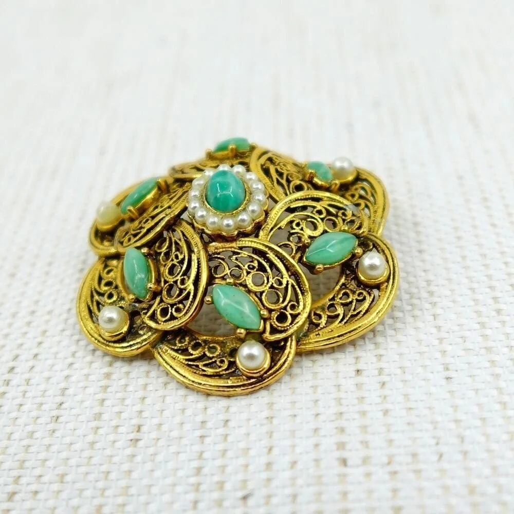 Vintage Gold Tone Dome Brooch Filigree Tiered Green Faux Pearl Victorian Revival